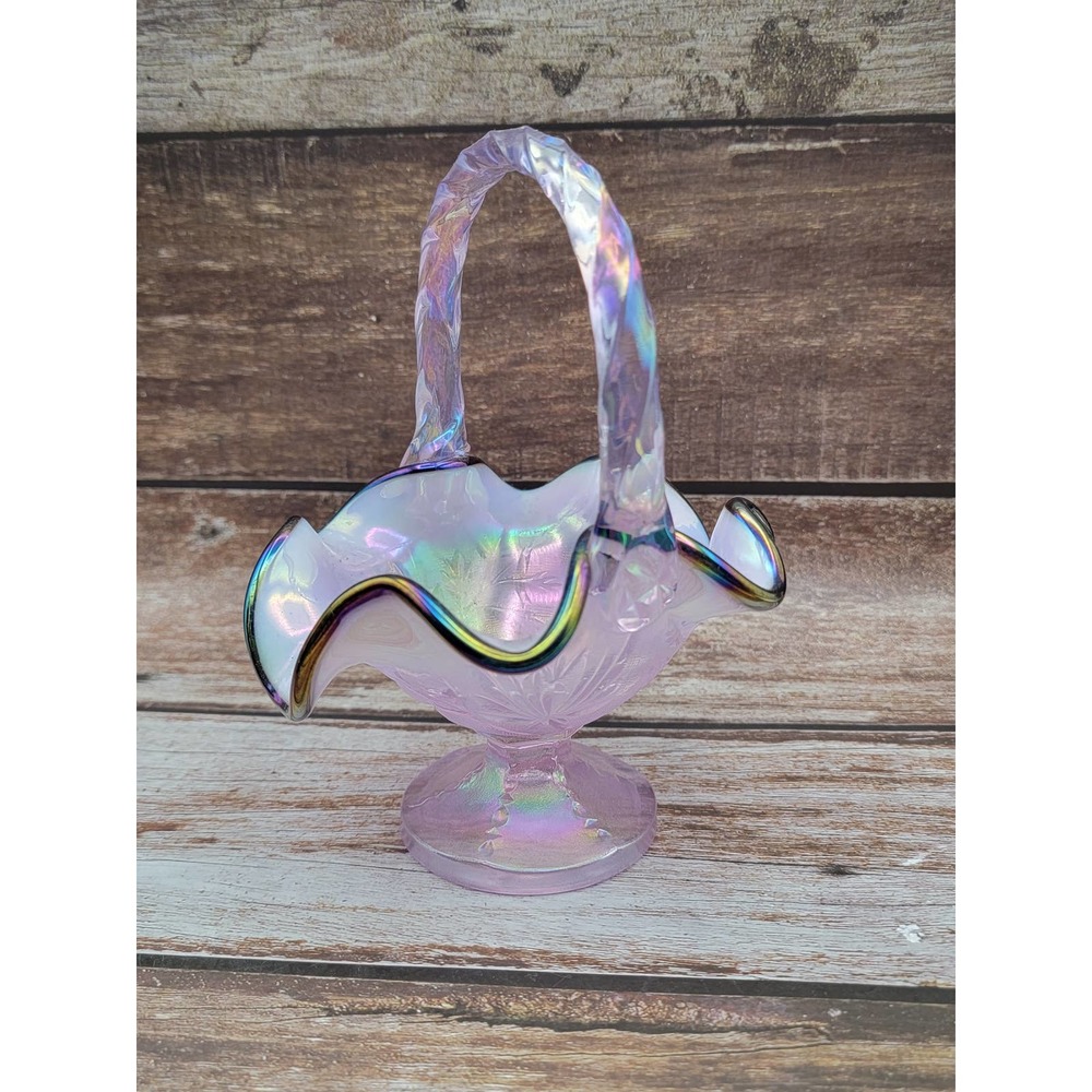 Beautiful signed Fenton basket, pink iridescent, carnival glass rim